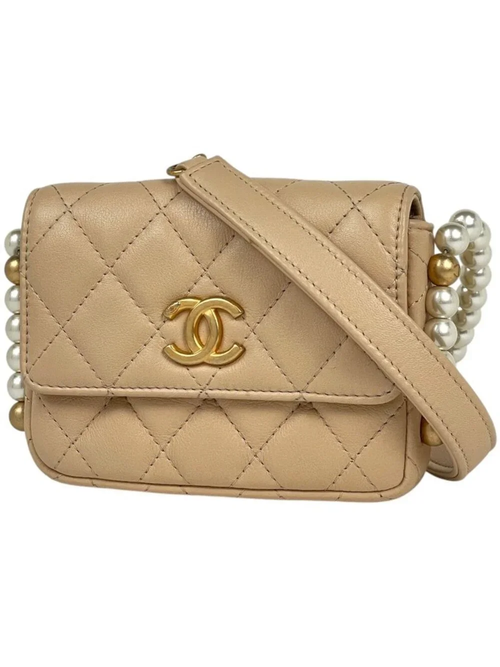 Chanel Shoulder Bag Quilted CC Logo Leather Beige